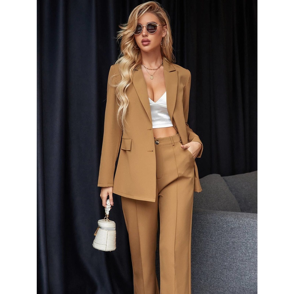 2 piece suit set: Button Front Blazer & tailored dress Pants camel brown tan - Picture 2 of 11